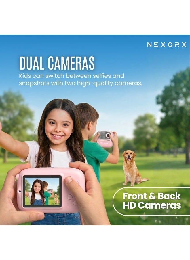 NEXORX Kids Camera with Instant Print – Dual HD Lens, 2.4" IPS Screen, 500x Thermal Printing, 1080P Video, Fun Filters & Frames, Built-in Games, MP3, 800mAh Rechargeable Battery, Includes 57mm Ink-Free Print Rolls Pink - Image 3